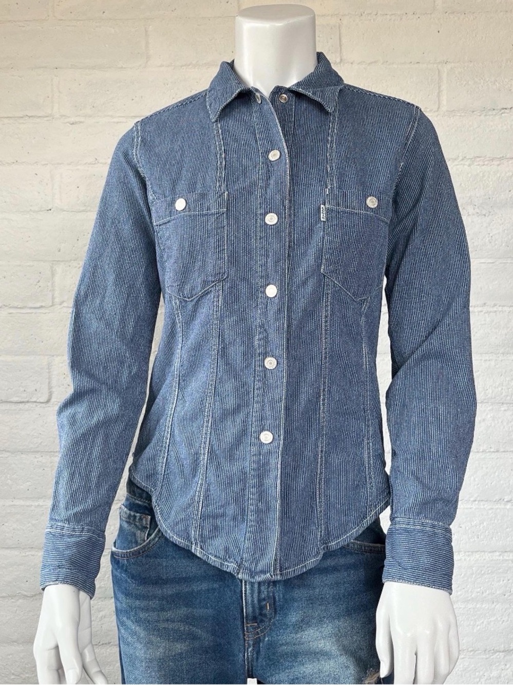 Women's Blue Denim Button-Front Shirt Jacket Railroad Stripe Jeans